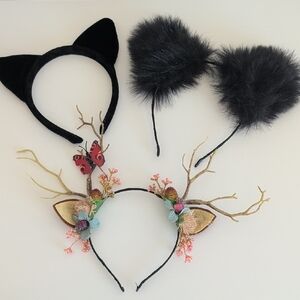 Set of Black Cat Ears and Floral Antler Headbands
